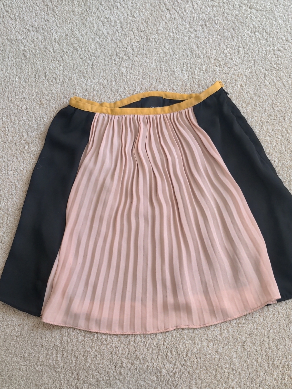 Greylin Pleated Pink Front Skirt with Black Panels and Mustard Waist